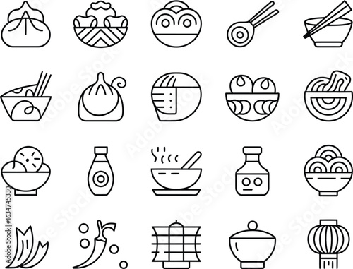 Simple Line Art Icons of Various Asian Cuisine Dishes