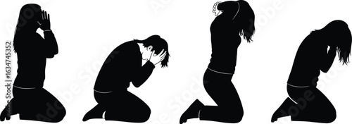 Silhouetted Woman in Stages of Grief and Despair, Kneeling with Hands Covering Face, Expressing Sorrow and Emotional Pain, Isolated on White Background.