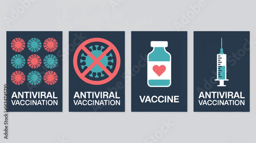 Four minimalist medical posters with antiviral and vaccine themes in dark blue vaccination health