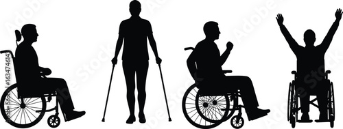 Disability silhouette set, wheelchair users, crutch support, mobility aid icons, inclusive design, diverse posture illustration, accessible lifestyle concept