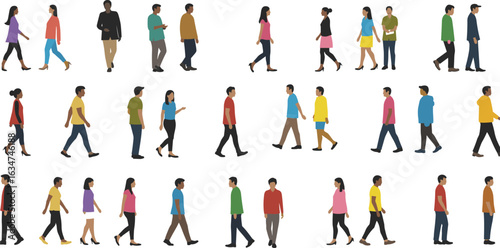 Diverse people walking in profile view, pedestrian movement illustration, urban crowd, social behavior concept, multicultural clothing, human traffic study