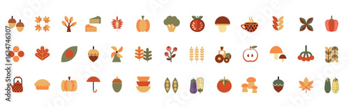 Set of autumn icons in flat geometric style. Leaves, berries, mushrooms, nut, pumpkin, vegetables. Collection of flat icons. Vector illustration.