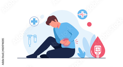 A man sits on the ground, clutching his stomach in pain, with medical symbols and a blood drop icon, depicting health issues like diabetes.