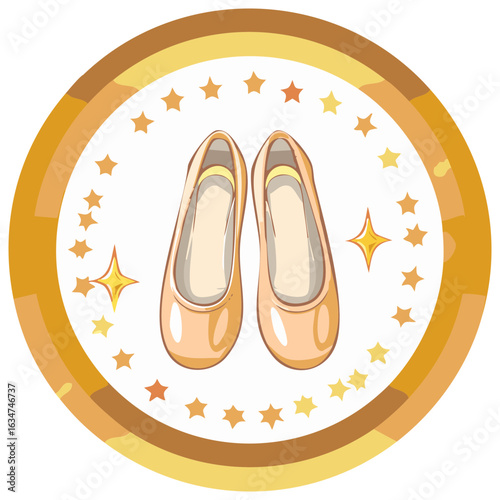 Graceful pair of ballet slippers framed by shimmering gold and twinkling stars
