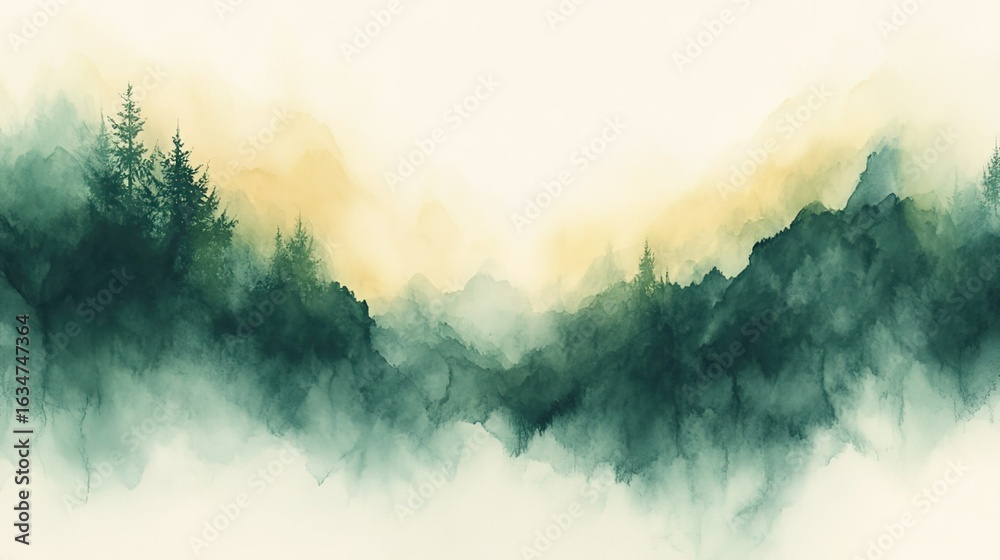 Fototapeta premium Watercolor - inspired Mountainous Landscape with Pine Trees and Misty Atmosphere 