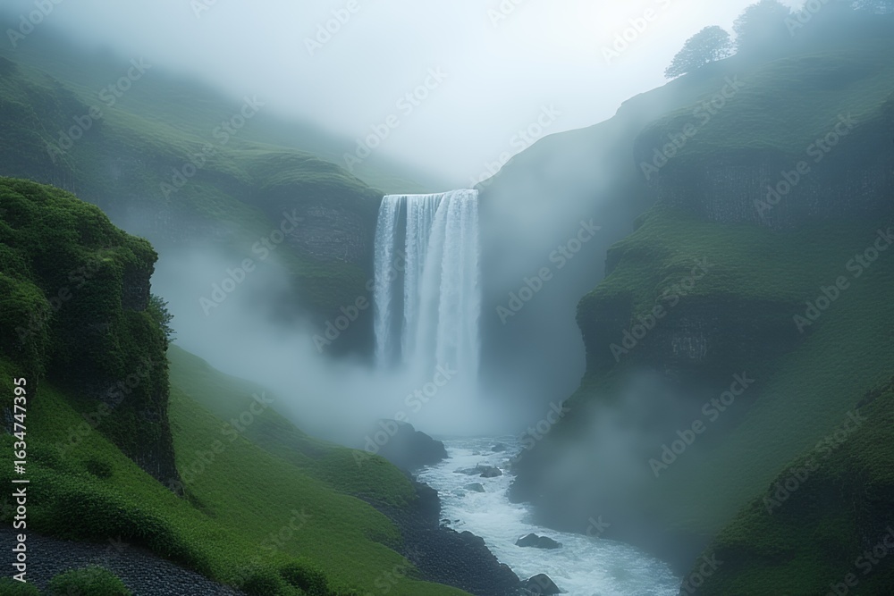Fototapeta premium ** Majestic Waterfall in Misty Mountain Valley