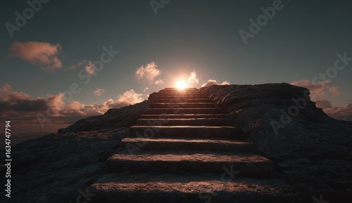 Sunlit stone staircase guiding towards a bright and hopeful horizon with a sense of tranquility and elegance in the surrounding environment