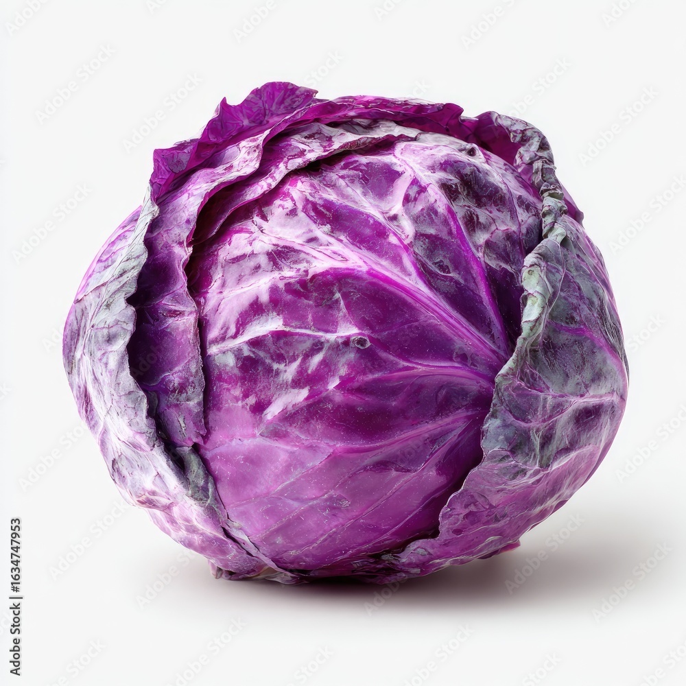 Obraz premium A vibrant, whole red cabbage sits on a plain white background, showcasing its deep purple-red hue and tightly packed leaves with subtle textural variations