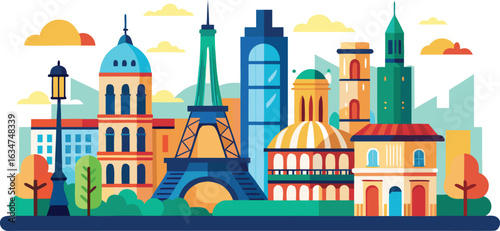Vector illustration set of city landmarks including a Moscow cathedral, a Parisian castle, and other European architecture and monuments