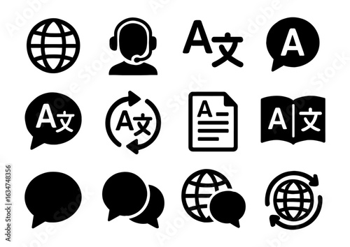 Language translation icons set: communication and globalization symbols collection