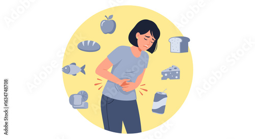 An illustrative depiction of a woman experiencing stomach pain, likely due to food intolerance or allergy, surrounded by various potential trigger foods.