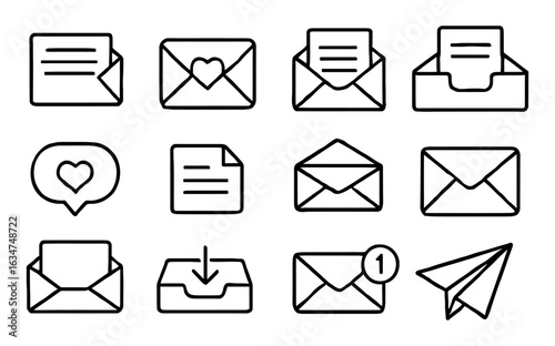Simple linear icons of envelopes and messages in black and white