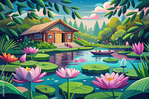 vector of A hardy pink water lily blooming in a pond in the North Rhine and a small drone boat and wooden cabin near the pond near water lilies - Westphalia, Germany