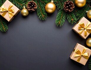 Festive corner border of gifts, pine, and ornaments on dark background