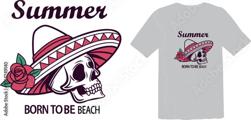 Retro Summer Skull with Mariachi Hat and Rose