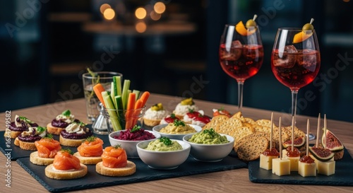 Assorted appetizers and cocktails on a platter