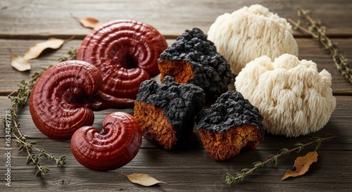 Assorted medicinal mushrooms on rustic wood