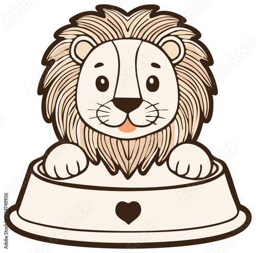 Cute Lion Cub with Heart in Food Bowl Cartoon Style Pet Illustration
