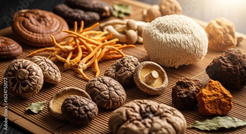 Assortment of various dried and fresh mushrooms on a bamboo mat