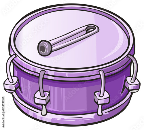 Cartoon illustration of a purple snare drum with a tuning key resting on the drumhead