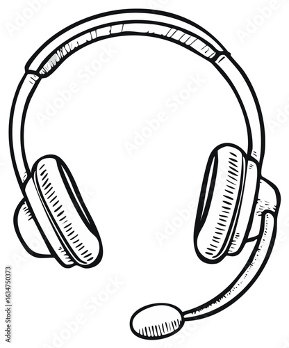 Hand drawn sketch style headset with microphone for communication and customer service