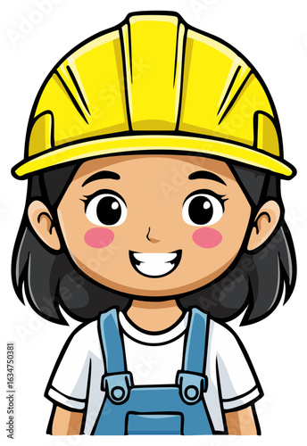 Cartoon Young Girl Smiling Wearing a Yellow Construction Helmet and Overalls
