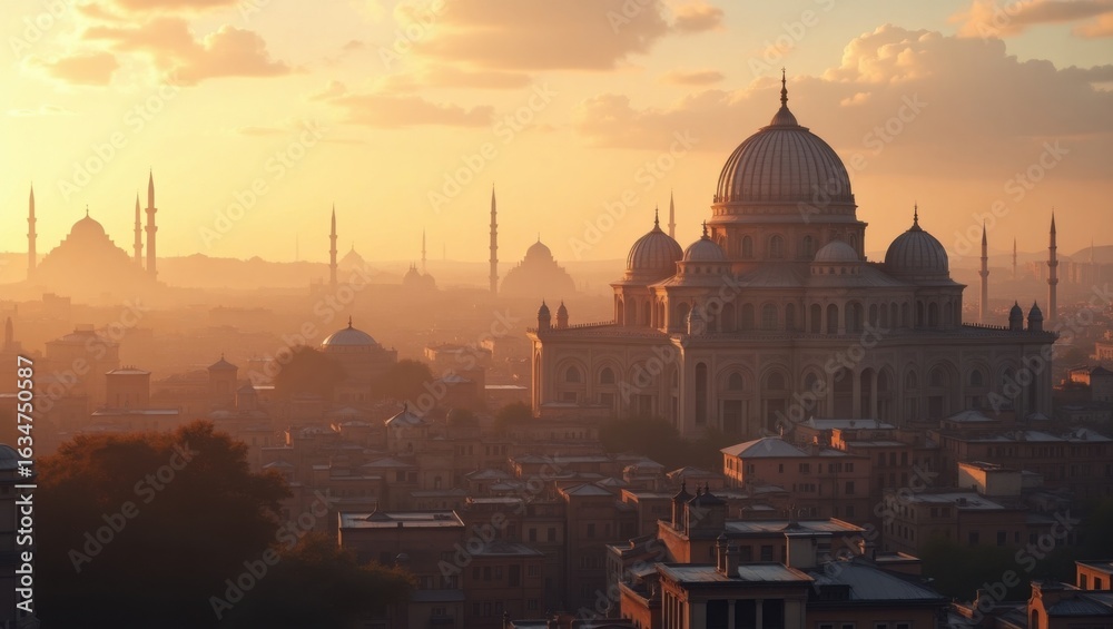 Fototapeta premium Golden Hour Panorama of an Ancient Cityscape with Majestic Domes and Minarets