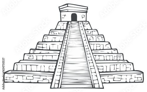 Ancient Mesoamerican stepped pyramid temple illustration with long central staircase