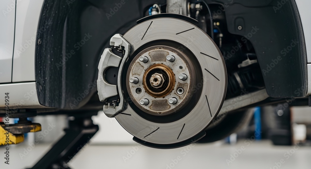 Fototapeta premium Closeup view of a cars brake rotor and caliper,detailed mechanical components, automotive repair, maintenance, safety inspection
