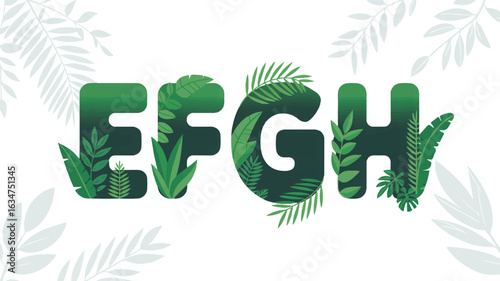 Green letters E F G H filled with tropical leaves and foliage alphabet typography