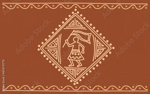 Traditional warli art featuring tribal figure with flag on brown background
