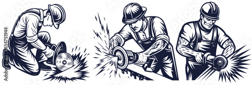 Set with builders in helmet with tattoo and angle grinder in hands for workshop. Silhouette workers with tools for construction, carpentry and build, repair work