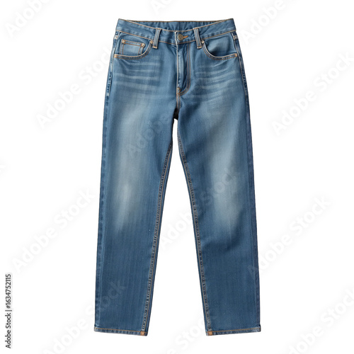 A pair of blue denim jeans showcasing a classic straight-leg fit, ideal for casual wear.