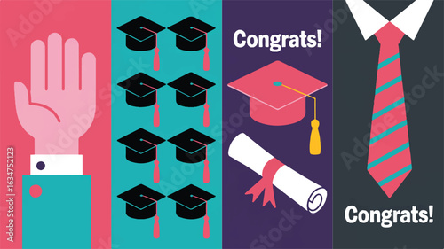 Minimalist graduation caps diploma and tie with congrats text education mortarboard