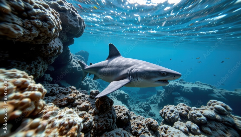 Fototapeta premium Vibrant underwater scene featu a sleek shark swimming near colorful coral reefs in clear ocean water showcasing marine life and vibrant aquatic ecosystem