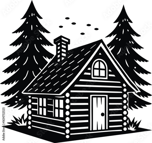 Vector art of a cozy log cabin nestled between two tall pine trees evokes a sense of peaceful seclusion and rustic charm in the wilderness