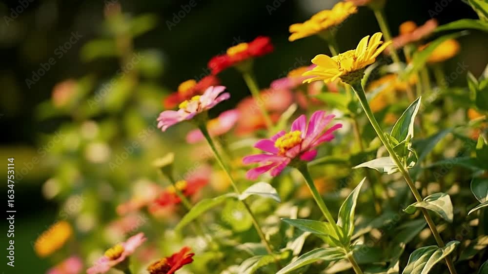 A closeup shows pink yellow red and orange flowers with green leaves and stems growing outdoors in a garden setting A closeup shows pink yellow red and orange flowers with green leaves and stems growing outdoors in a garden setting