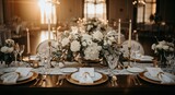 Elegant wedding reception table setting, bathed in golden sunlight