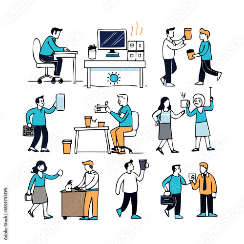 Big set of vector sticker doodle icons. Office work, employee, IT-specialist. Vector illustration. Push the button, coffee, busy, phone in hand, swivel office ... See More