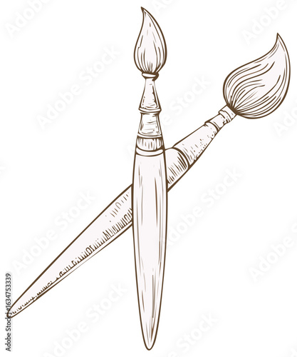 Two crossed artist paintbrushes in a vintage hand drawn line art style illustration