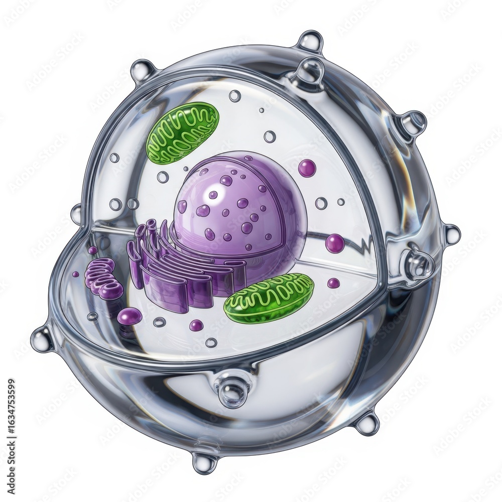 Fototapeta premium Animal cell diagram with nucleus and mitochondria isolated on white background