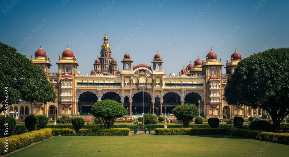 Obraz premium Grand palace facade, lush gardens
