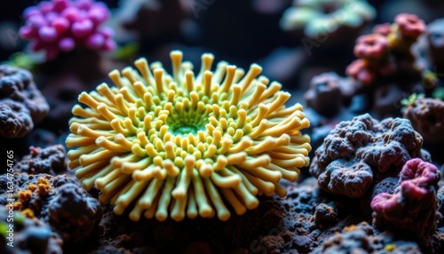 Close-up of vibrant colorful coral reef with yellow and green soft coral among other reef formations and marine life underwater scene
