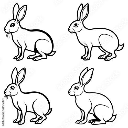 Four outlined rabbits in various poses with long ears and short tails in a black and white illustration
