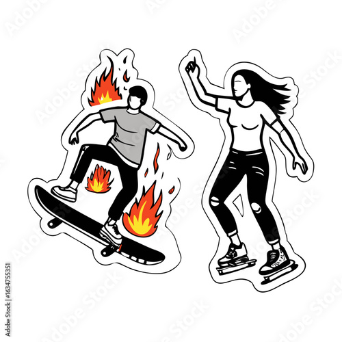 Skateboard sticker set, fire, creative, prints, stickers, fingerboard, broken skateboard, skateboarder girl and man.Vector outline style.