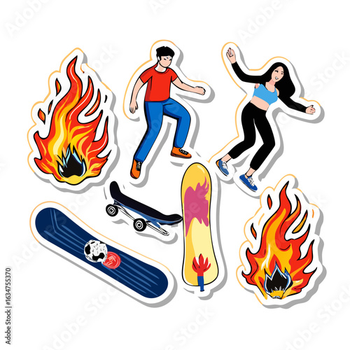 Skateboard sticker set, fire, creative, prints, stickers, fingerboard, broken skateboard, skateboarder girl and man.Vector outline style.