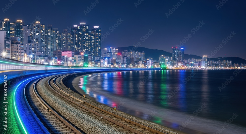 Fototapeta premium Night cityscape of a coastal city, illuminated by vibrant lights reflecting on water, with train tracks curving along the shoreline