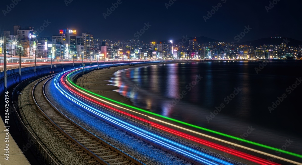 Fototapeta premium Night coastal train tracks with colorful light trails