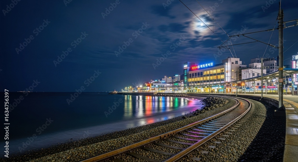 Fototapeta premium Nighttime coastal train station with vibrant city lights reflecting on the water