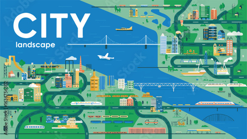 Stylized cityscape illustration with bridges trains and airplanes urban graphic
